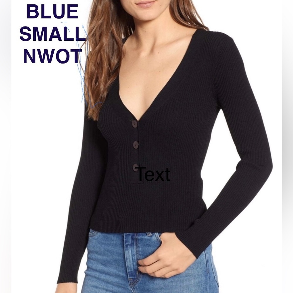Leith Navy Ribbed Knit Top v-neck Nordstrom NWOT SMALL 3 3/4” buttons